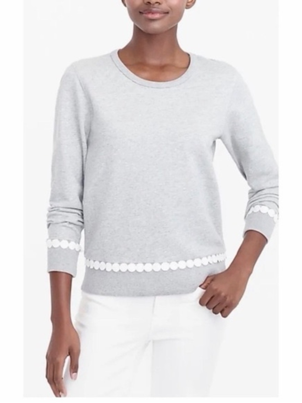 Women's Light Gray Crewneck Sweater with Scallop Trim